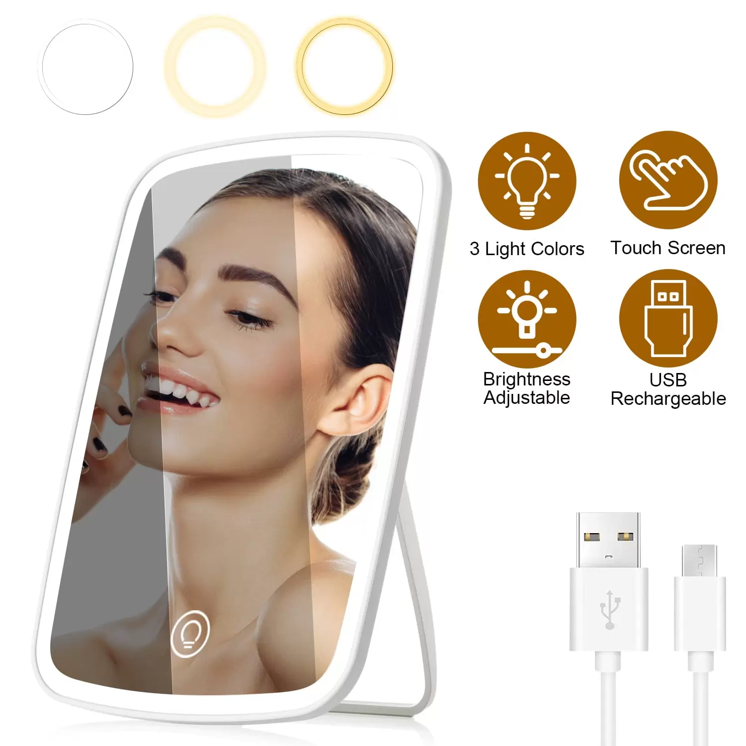 iMounTEK Lighted Makeup Mirror. 5.98x8.62in LED Makeup Mirror with 3 Light Colors Touch Screen Brightness Adjustable for Home Travel. White